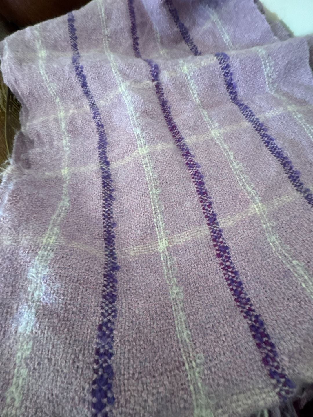 Pat Pettengill Handwoven Scarf Purple Plaid Fringe Throw 3