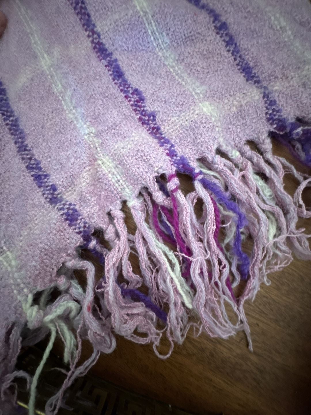 Pat Pettengill Handwoven Scarf Purple Plaid Fringe Throw 4