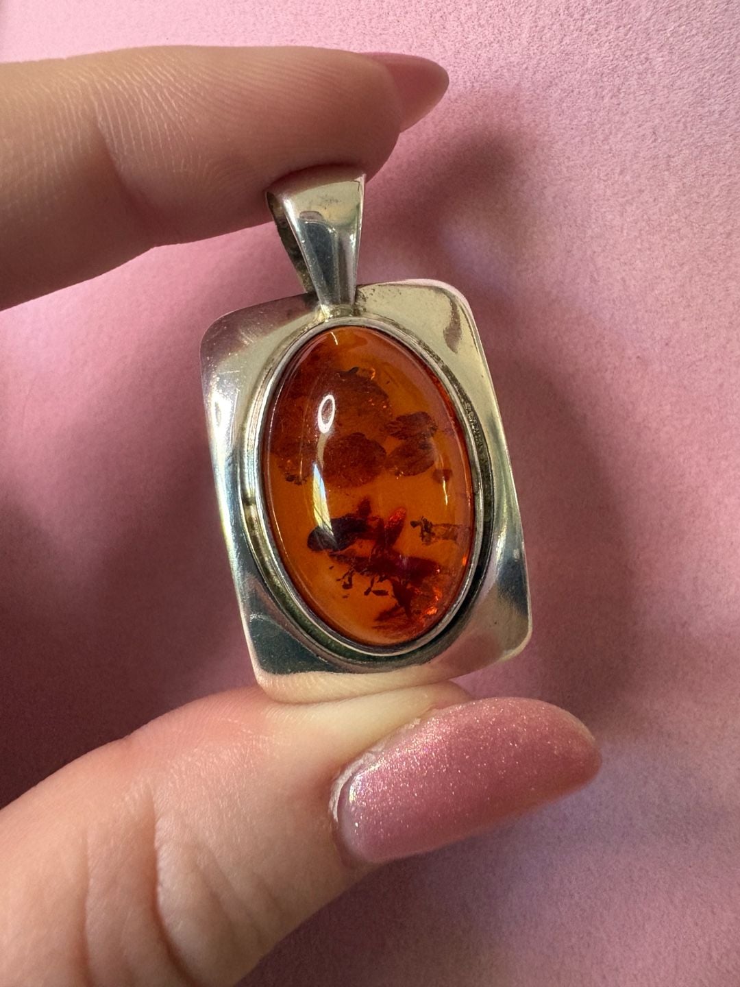 Sterling Silver 925 Baltic Amber Pendant Orange Stone Vintage 1