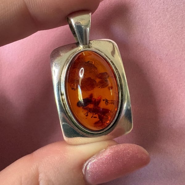Sterling Silver 925 Baltic Amber Pendant Orange Stone Vintage