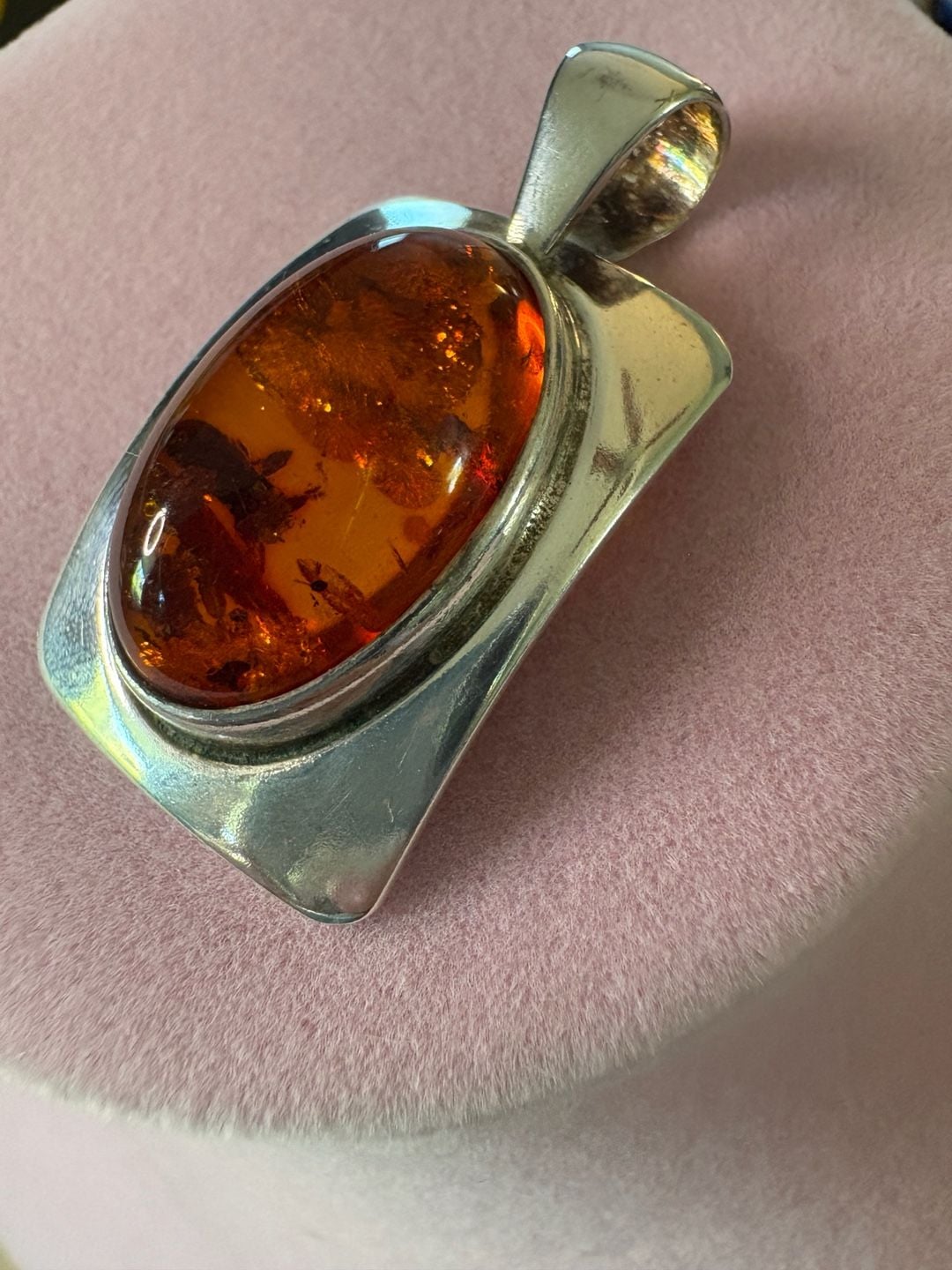 Sterling Silver 925 Baltic Amber Pendant Orange Stone Vintage 2