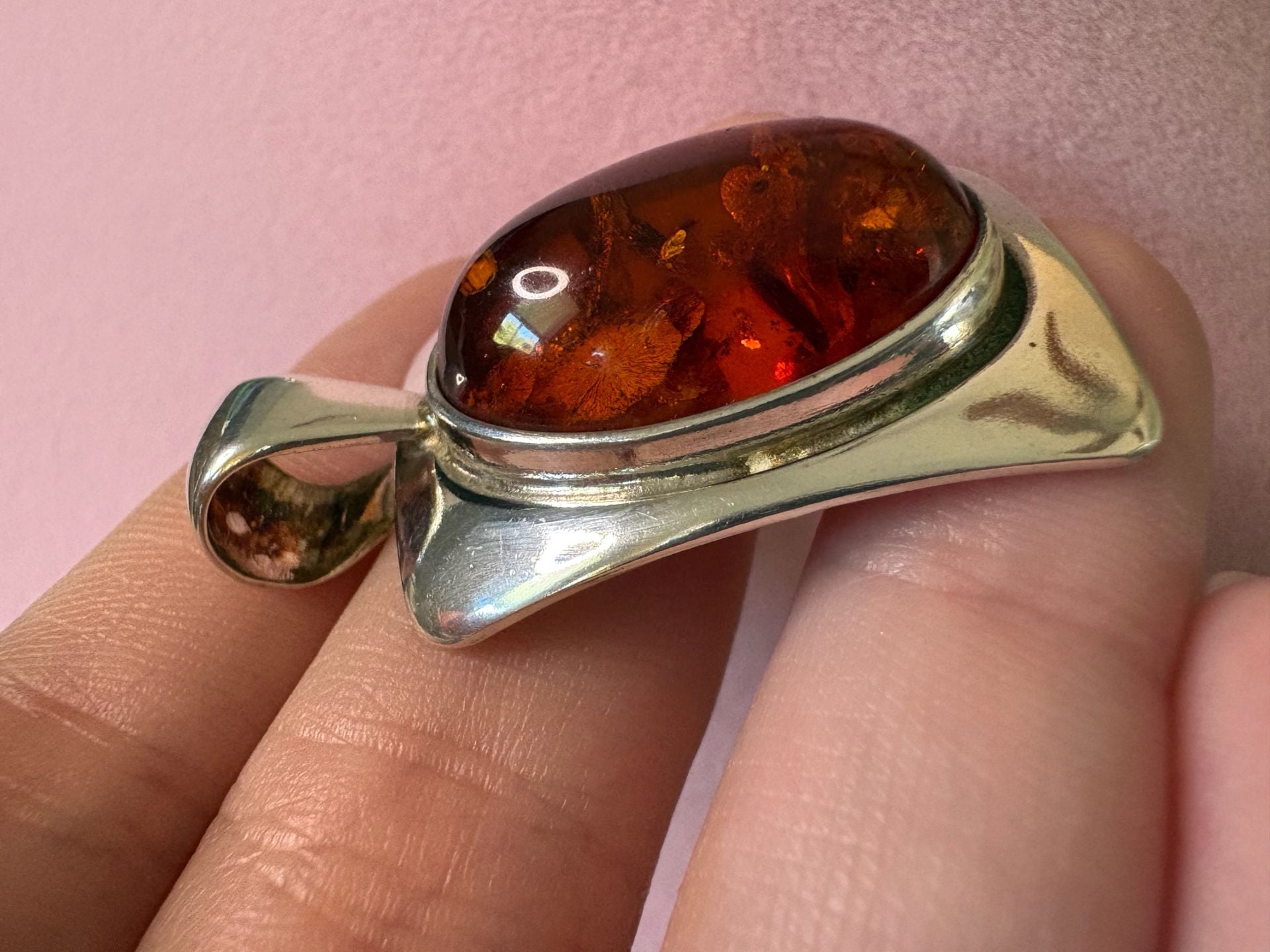 Sterling Silver 925 Baltic Amber Pendant Orange Stone Vintage 3