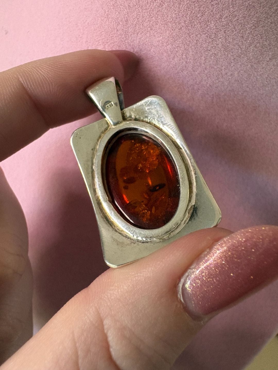 Sterling Silver 925 Baltic Amber Pendant Orange Stone Vintage 4