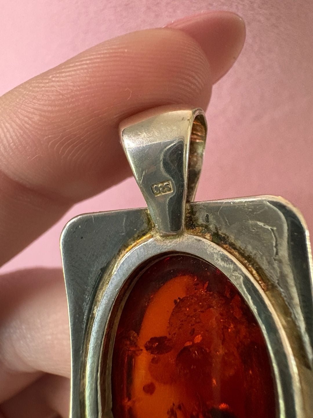 Sterling Silver 925 Baltic Amber Pendant Orange Stone Vintage 5