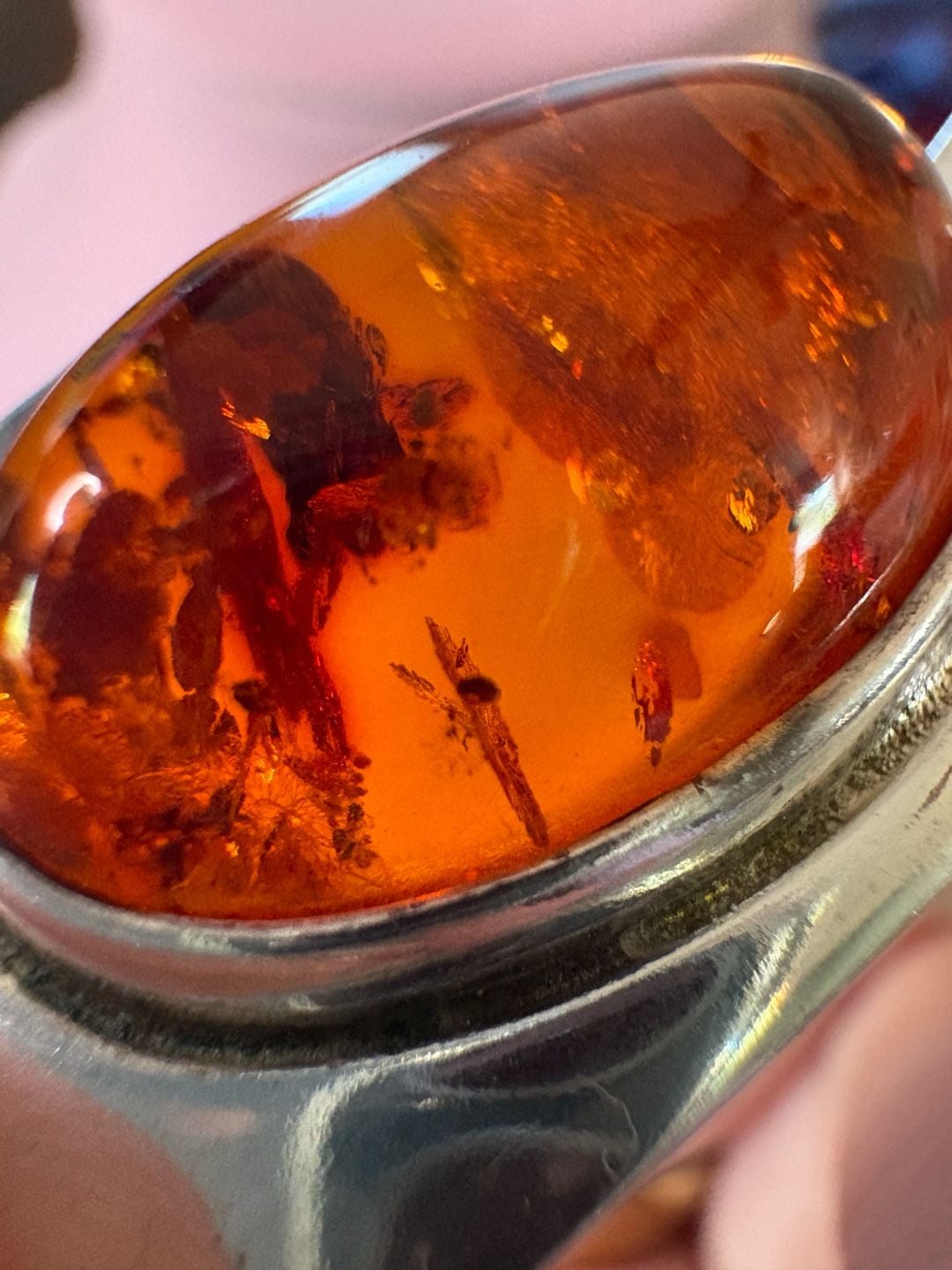 Sterling Silver 925 Baltic Amber Pendant Orange Stone Vintage 6