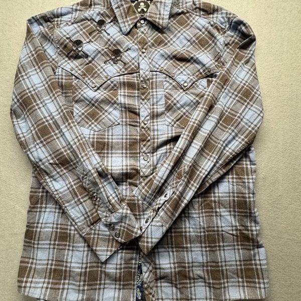 Rock Roll-n-Soul Plaid Western Pearl Snap Shirt Size XL
