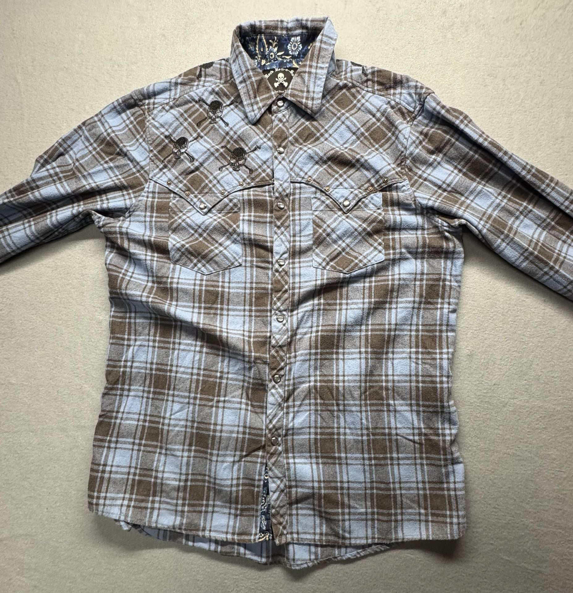 Rock Roll-n-Soul Plaid Western Pearl Snap Shirt Size XL 10