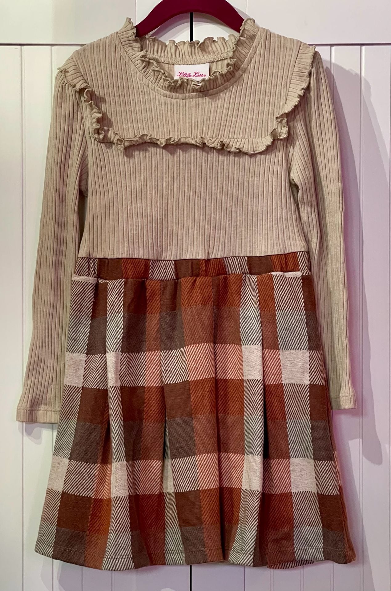 Little Lass Dress Size 6 Tan Plaid Long Sleeve Ruffle Knit 2