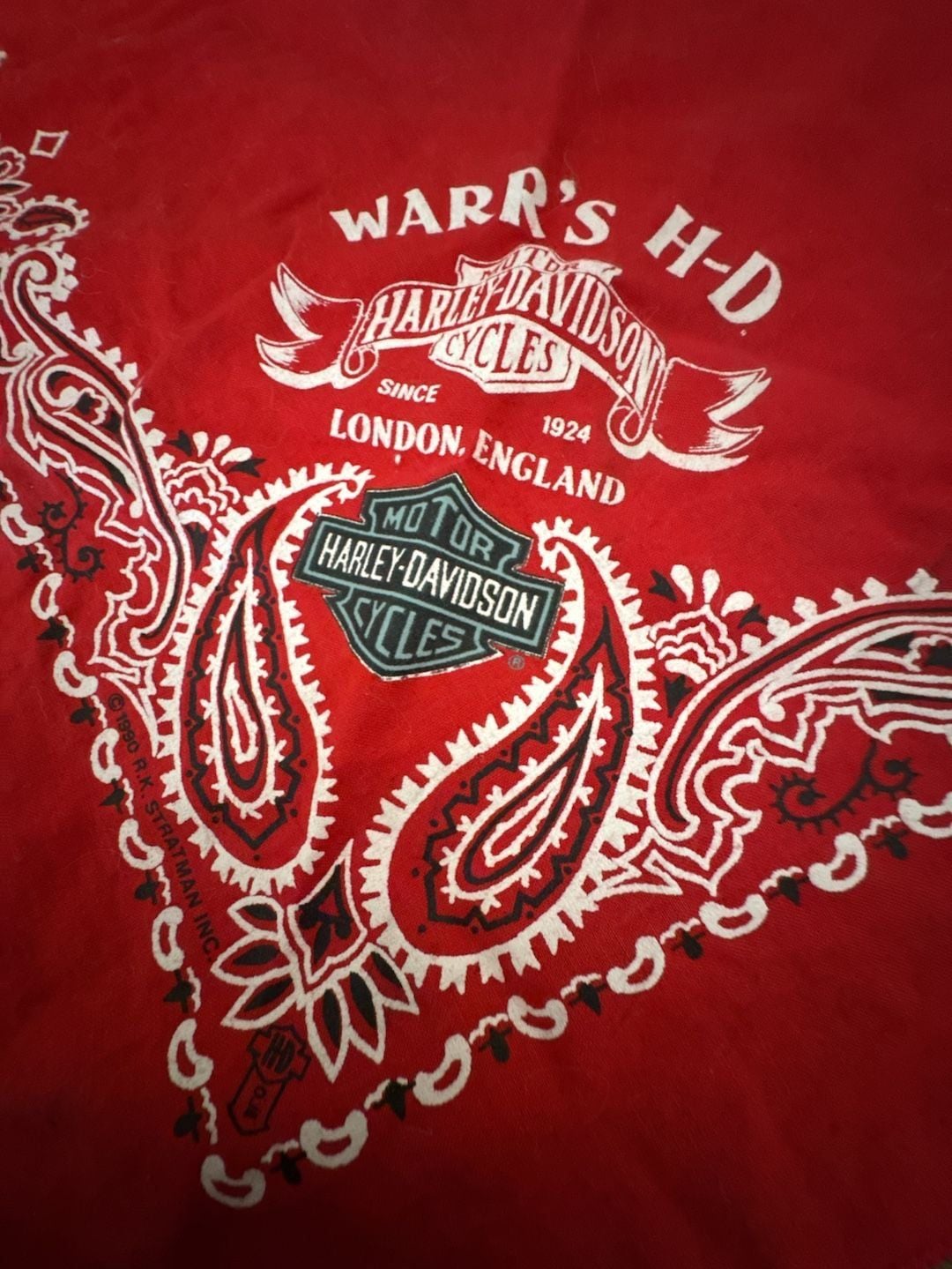Harley-Davidson Warr's London England 1990 Red Paisley Bandana 1