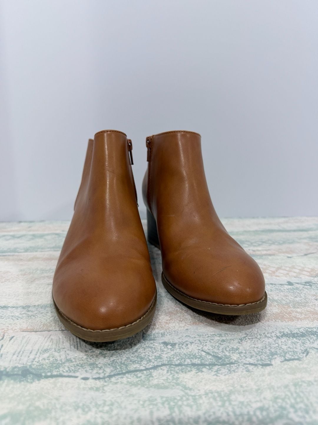 Old Navy Ankle Boots Size 7.5 Tan Faux Leather Block Heel Booties 3