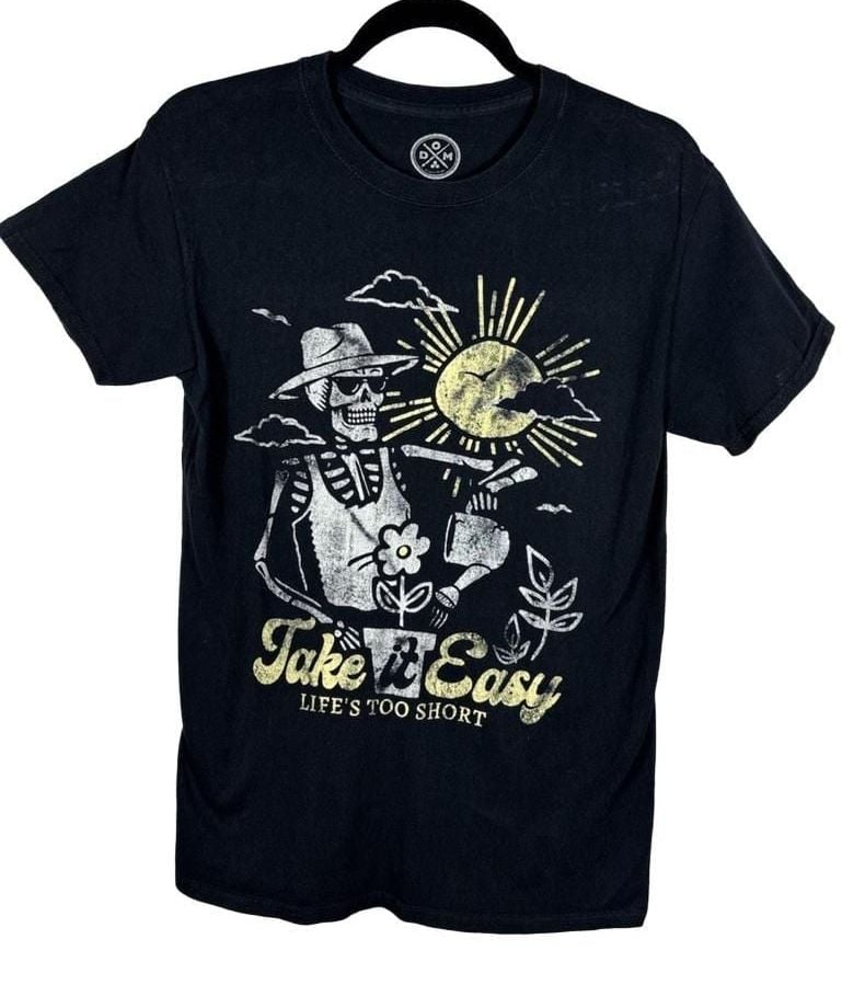 DOM Take It Easy Skeleton Graphic T-Shirt Size S Black Cotton 2