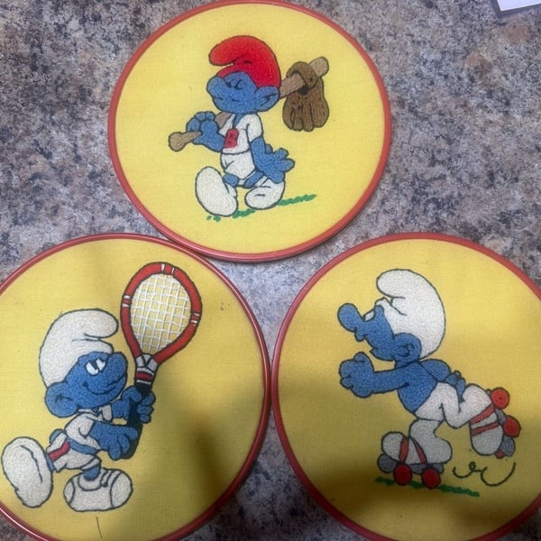 Vintage 1983 Smurfs Embroidery Hoop Wall Art Set of 3 Handmade Sports