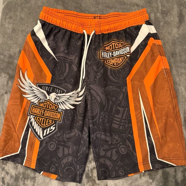 DYKHMILY Harley Davidson Swim Trunks Size S Black Orange