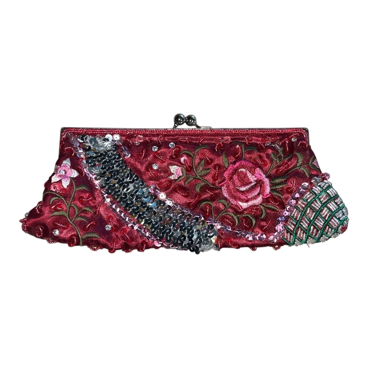 Aldo Red Floral Beaded Sequin Evening Clutch Bag Kiss Lock Purse 2