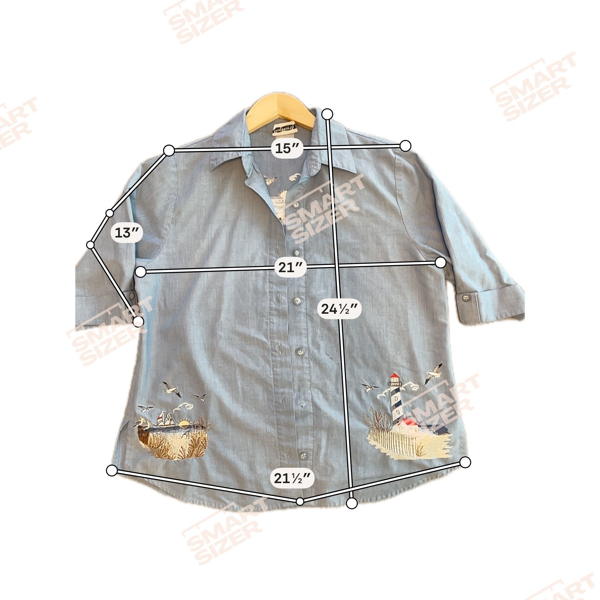 Embroidered Lighthouse Beach Button Down Shirt Blue
Size L
Cottage
Coastal 5