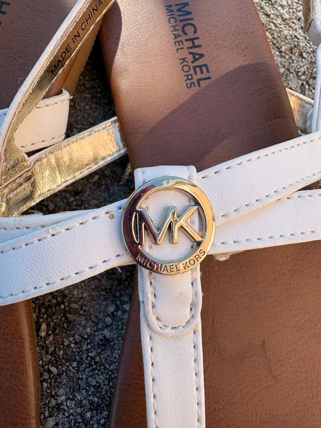Michael Kors Thong Sandals Size 4 White Gold Logo Flat Slingback 3