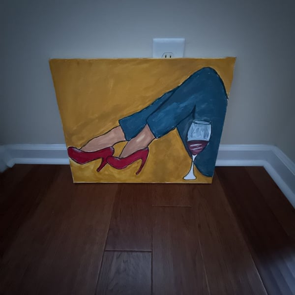 Handmade Acrylic Painting Woman Legs Red Heels and Wine Glass Canvas Art