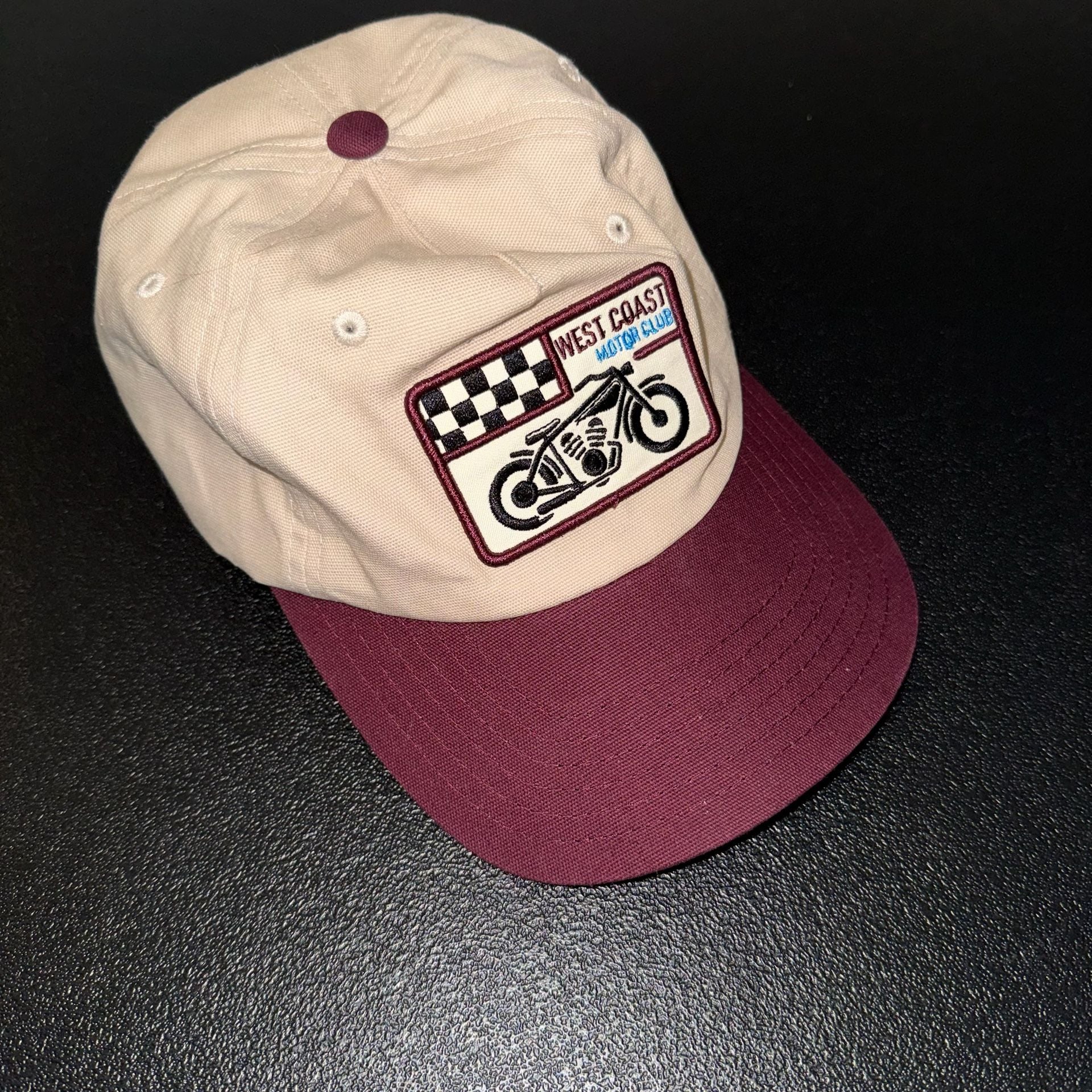 West Coast Motor Club Cap Cream Burgundy Motorcycle 3