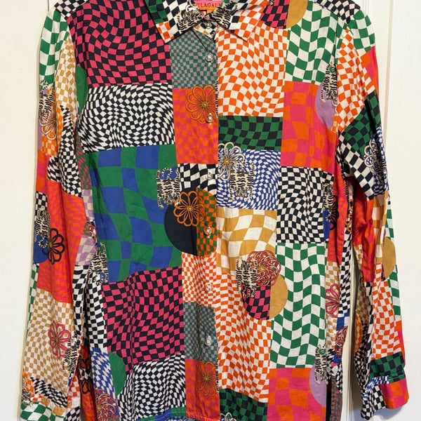 Vilagallo Button Down Shirt Size 42 Multi Color Checkerboard Tiger