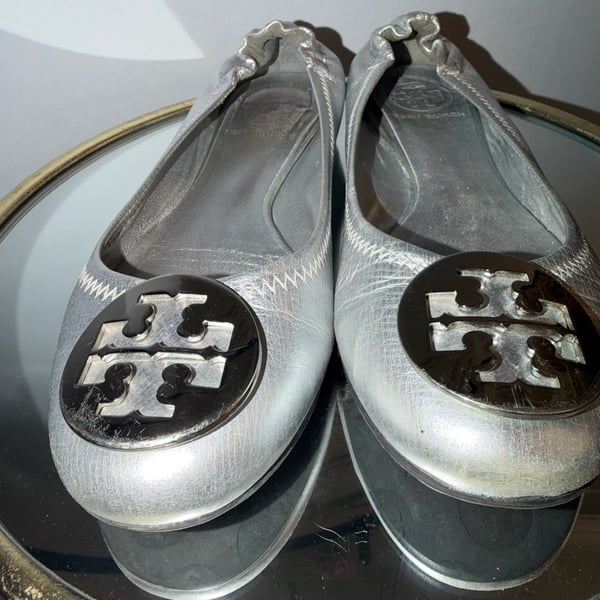 Tory Burch Reva Metallic Silver Leather Ballet Flats