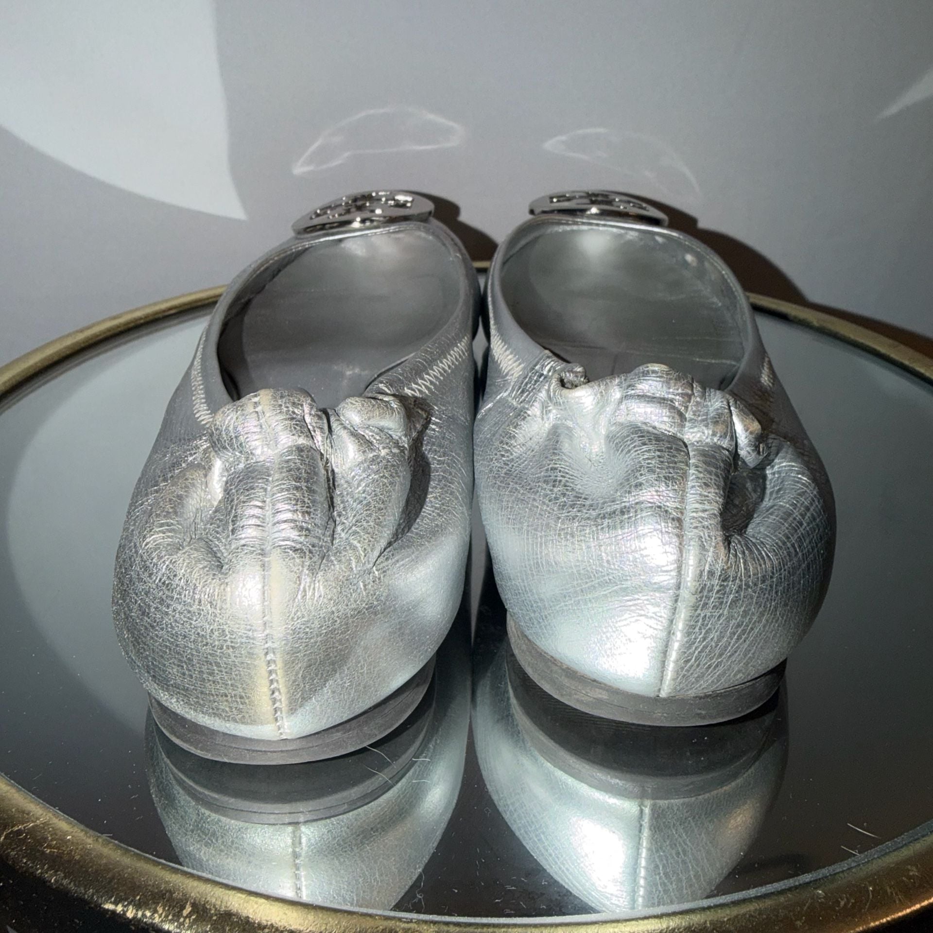 Tory Burch Reva Metallic Silver Leather Ballet Flats 7
