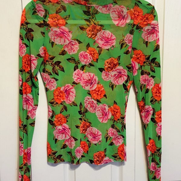 Afrm Zoe Mock Neck Mesh Top Size S Green Rose Floral Long Sleeve