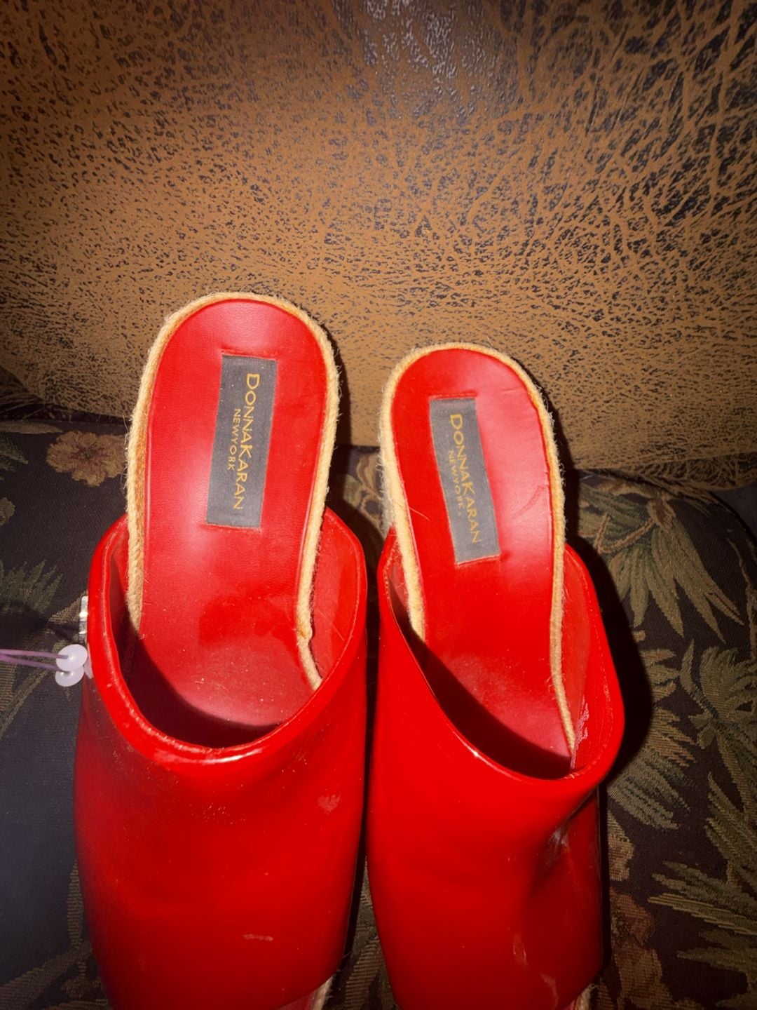 Donna Karan Wedge Sandals Size 9.5 Red Patent Leather Espadrille Mules 3