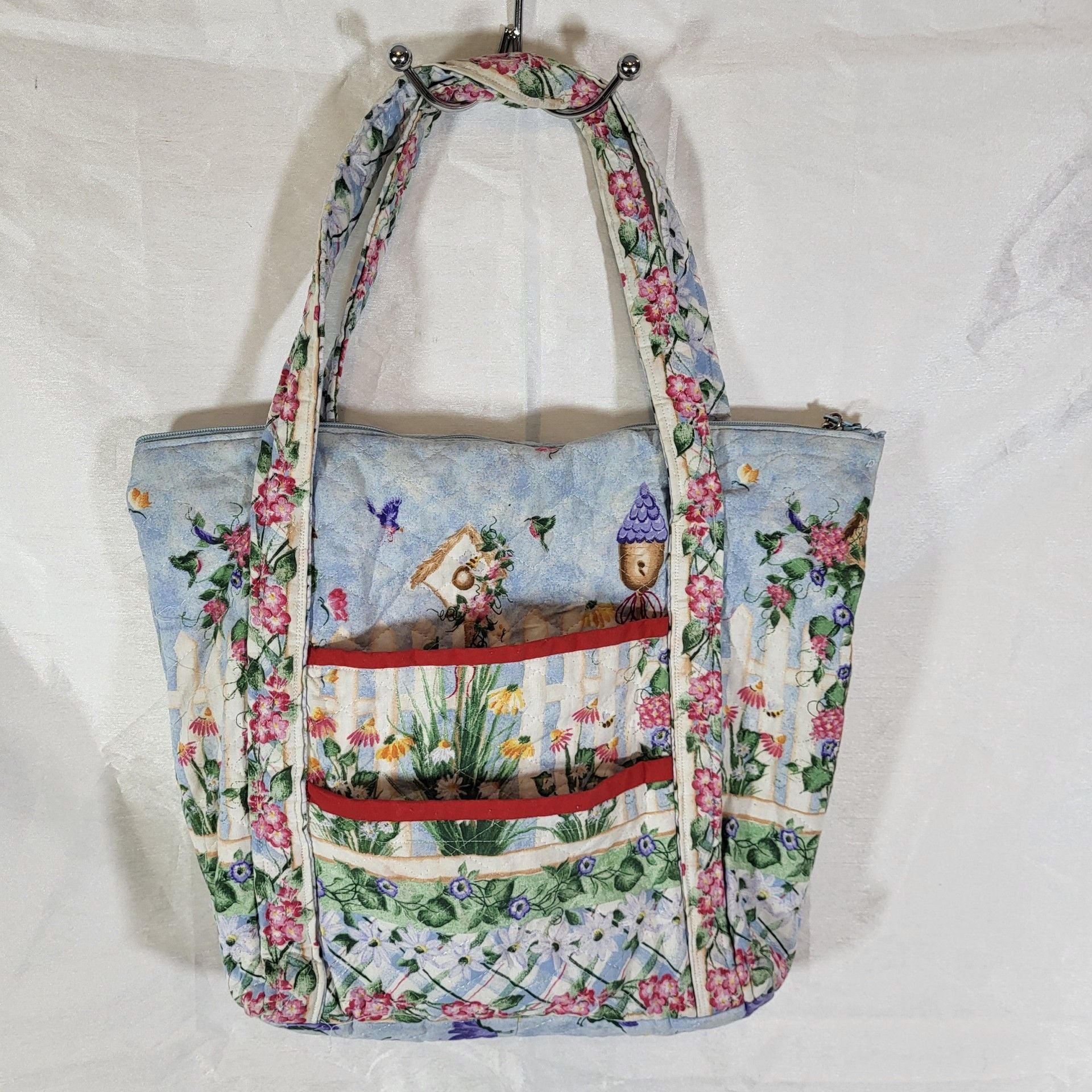 Andover Fabrics Quilted Floral Tote Bag Blue Garden Birdhouse 2