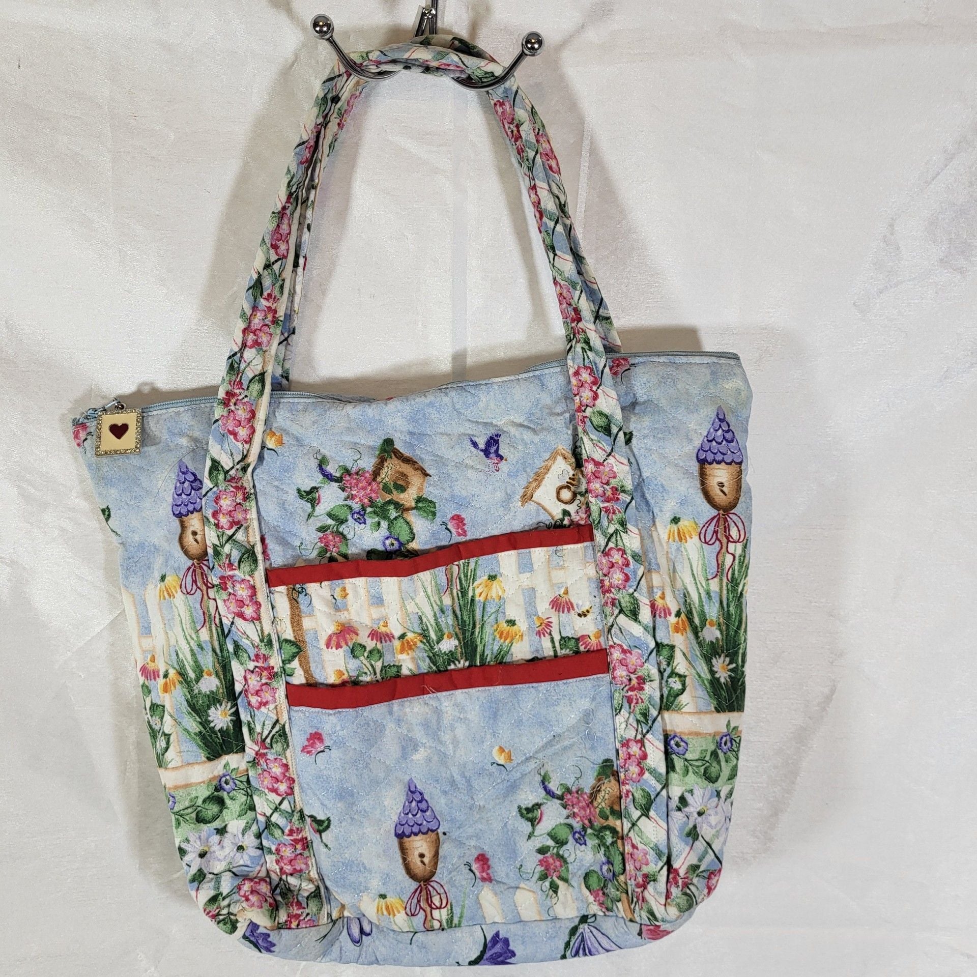 Andover Fabrics Quilted Floral Tote Bag Blue Garden Birdhouse 3