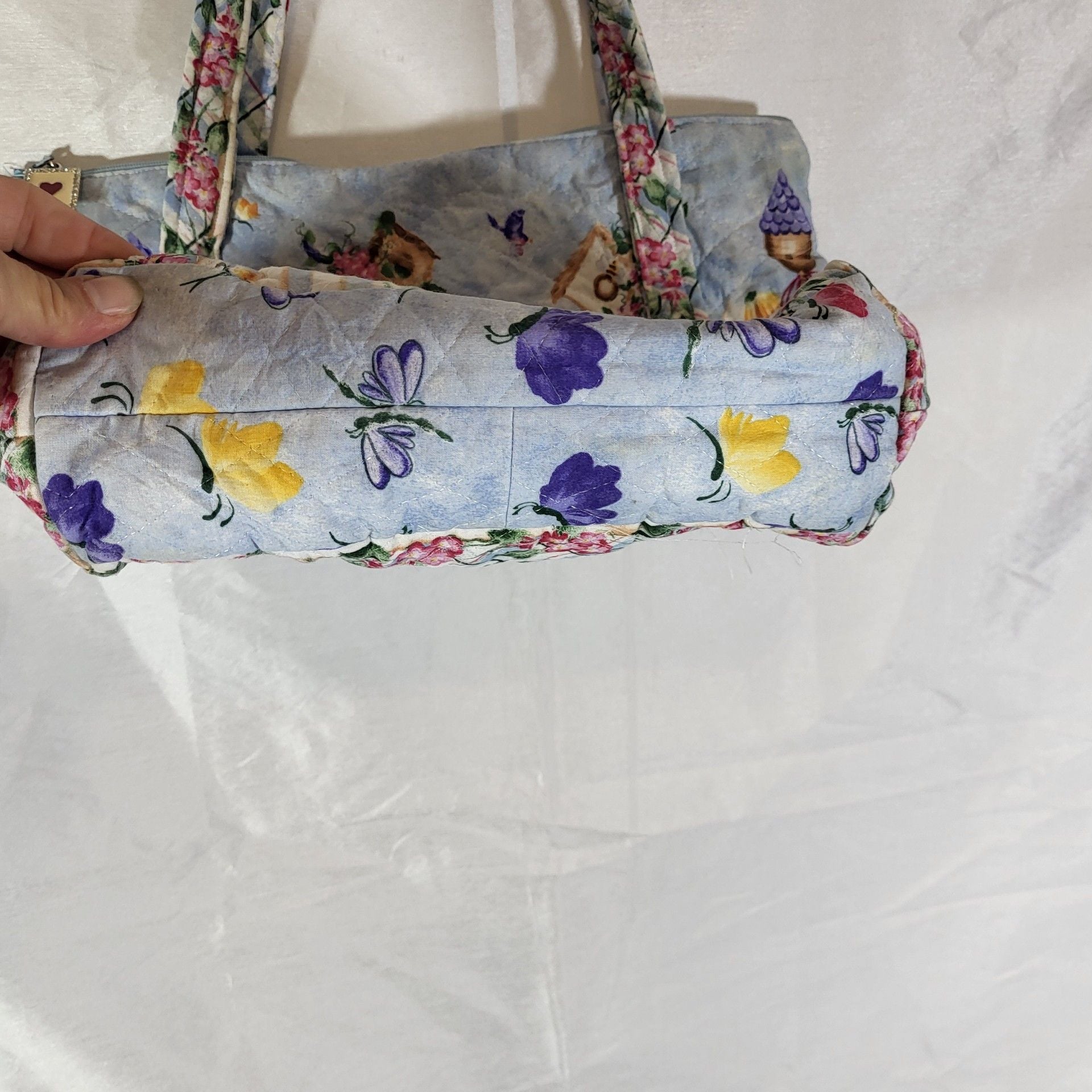 Andover Fabrics Quilted Floral Tote Bag Blue Garden Birdhouse 4