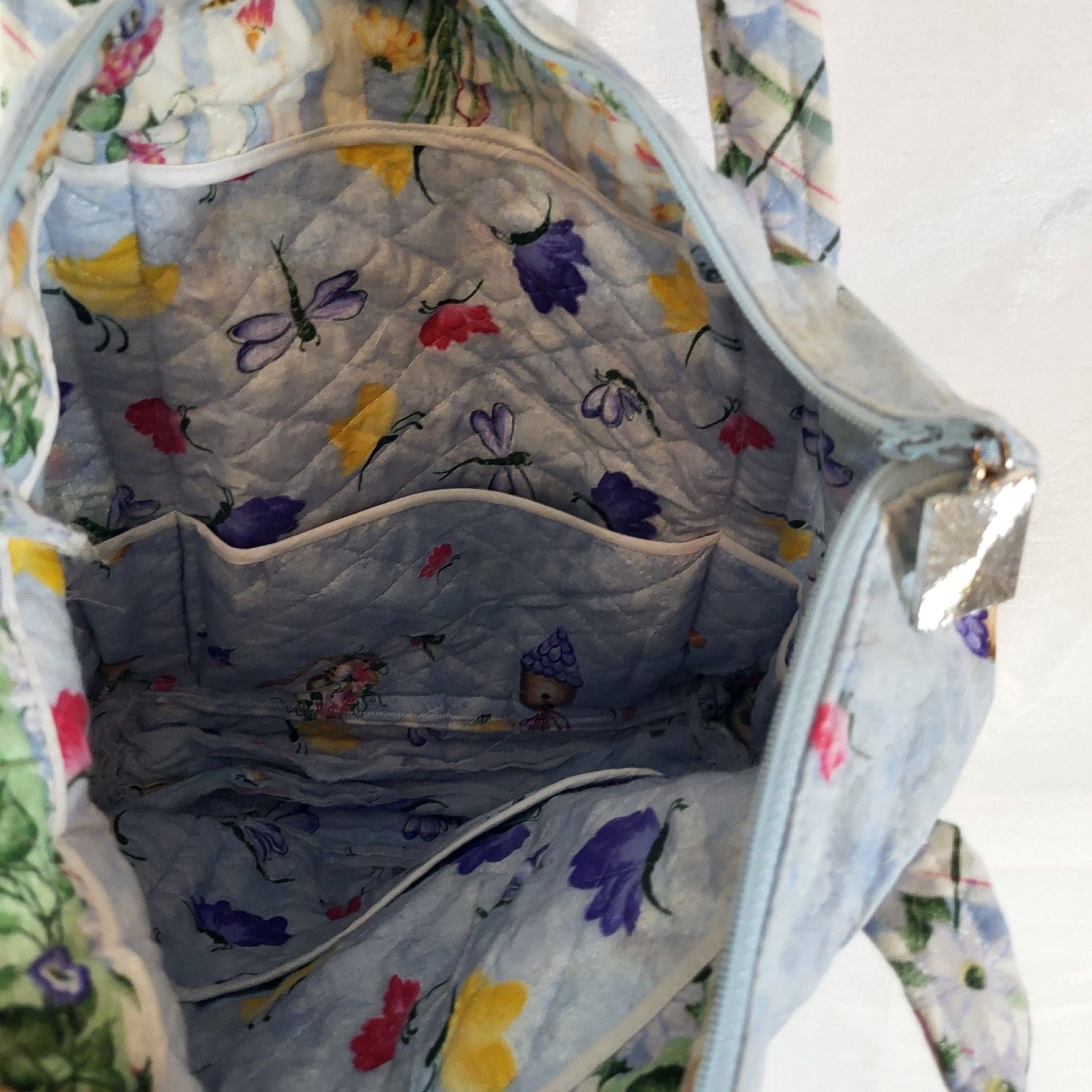 Andover Fabrics Quilted Floral Tote Bag Blue Garden Birdhouse 5