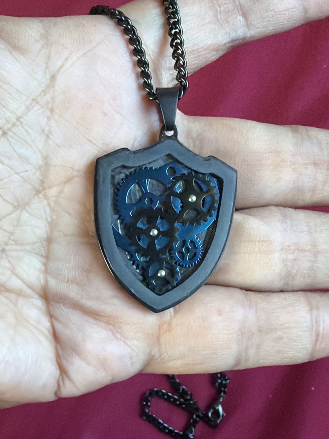 Steampunk Shield Gear Pendant Necklace Black Stainless Steel 2