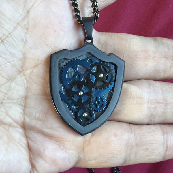 Steampunk Shield Gear Pendant Necklace Black Stainless Steel