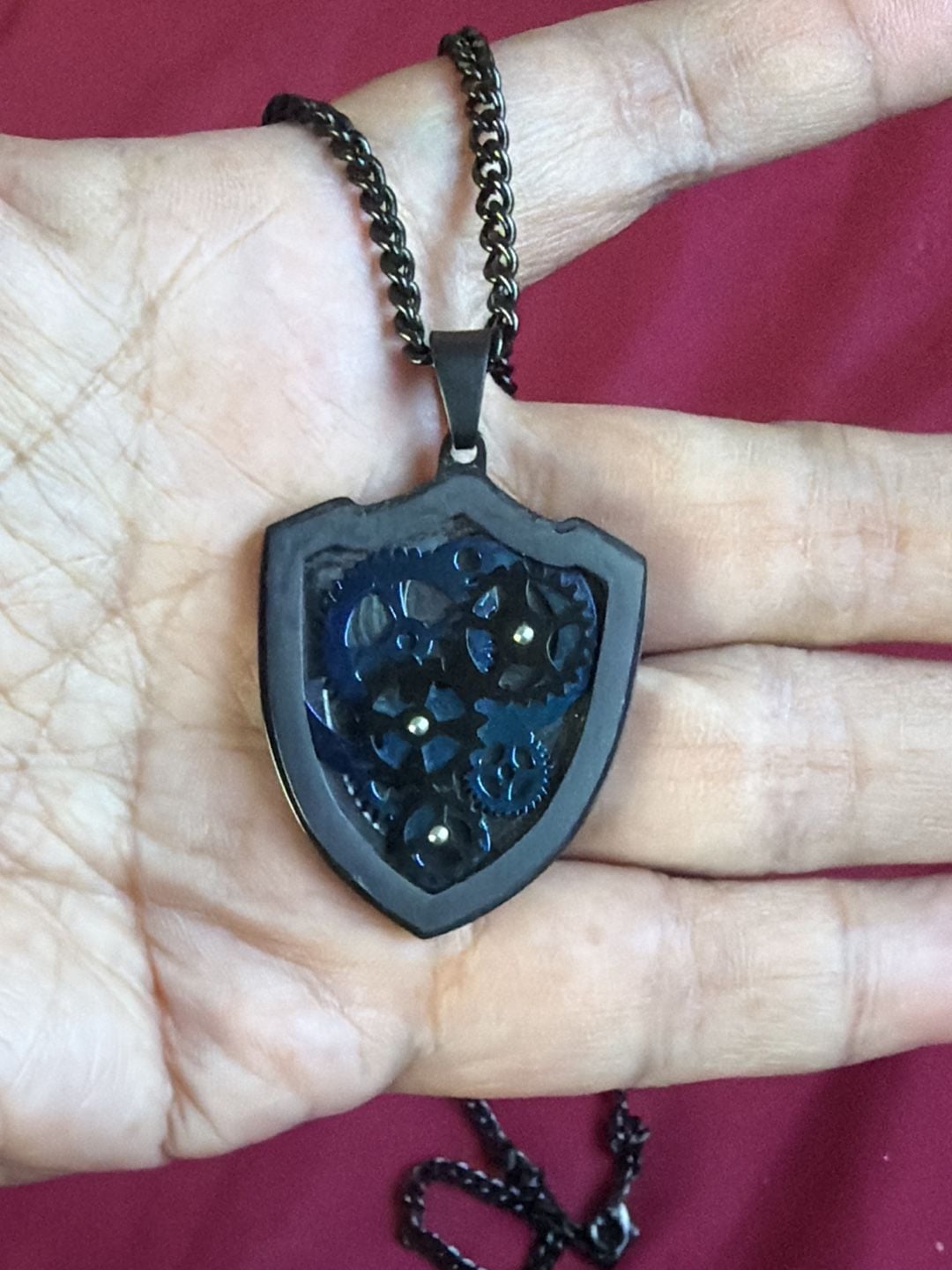 Steampunk Shield Gear Pendant Necklace Black Stainless Steel 3