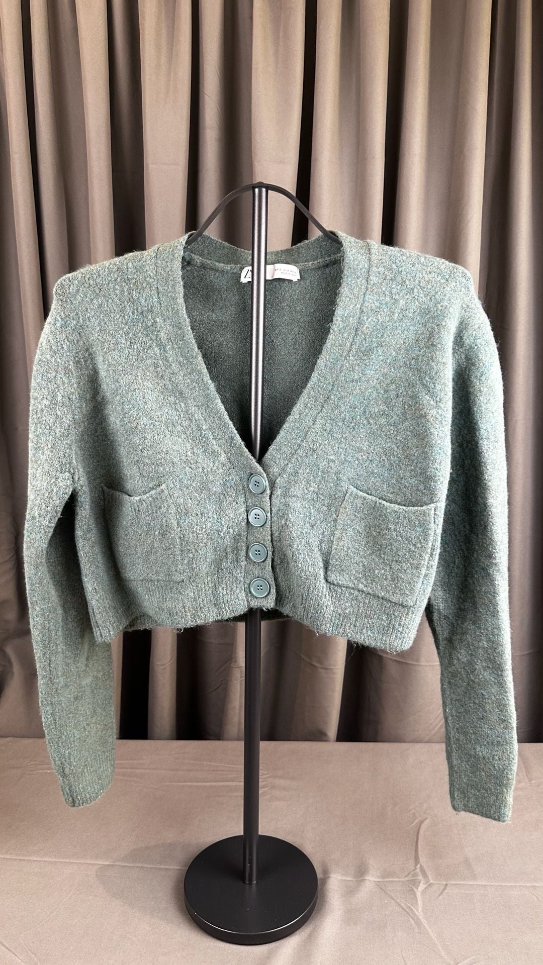 Zara Cardigan Size S Green Knit V-Neck Cropped Pocket 3