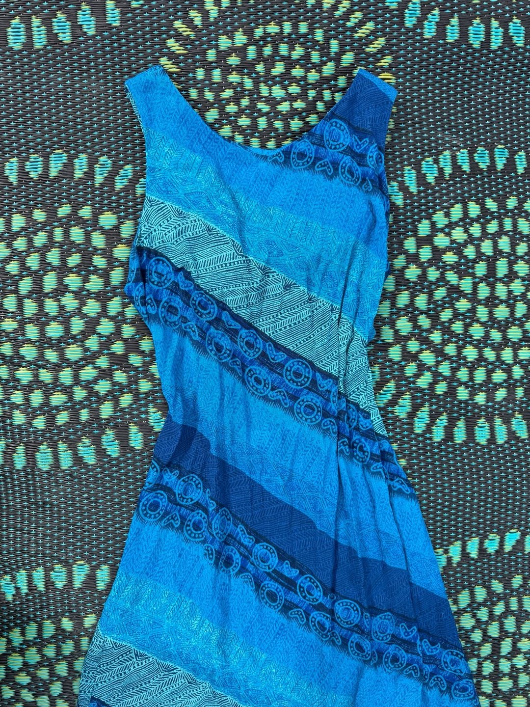 DJ Int'l Maxi Dress Size 9/10 Blue Geometric Print Rayon Sundress 3