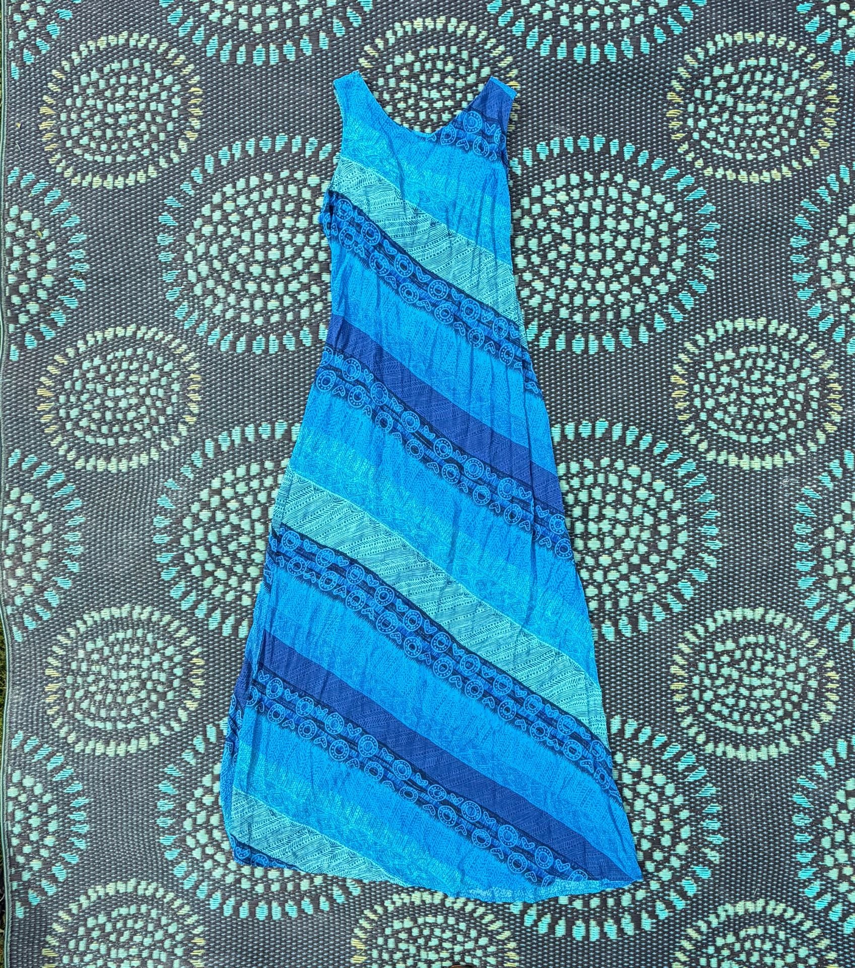 DJ Int'l Maxi Dress Size 9/10 Blue Geometric Print Rayon Sundress 8