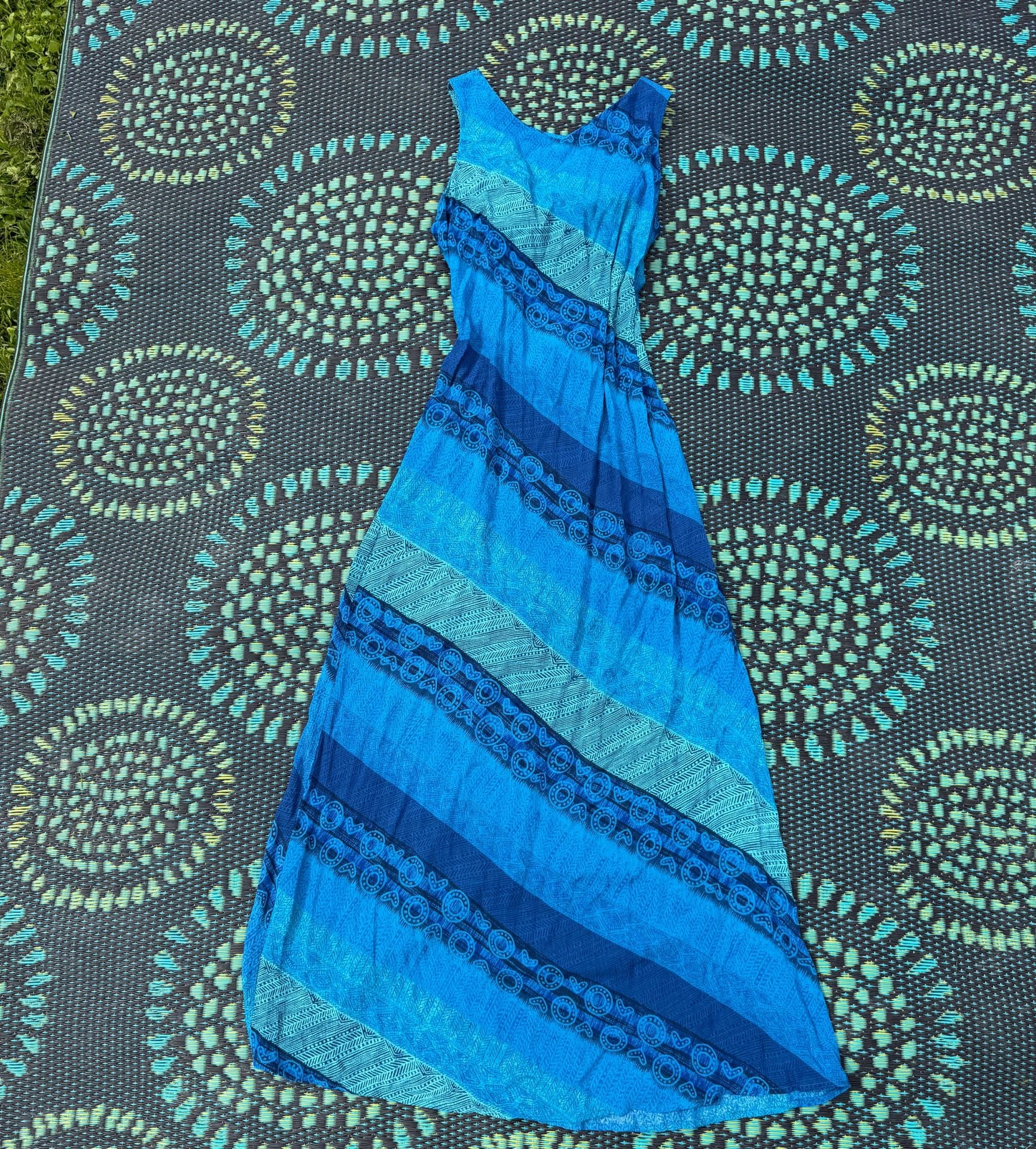 DJ Int'l Maxi Dress Size 9/10 Blue Geometric Print Rayon Sundress 2