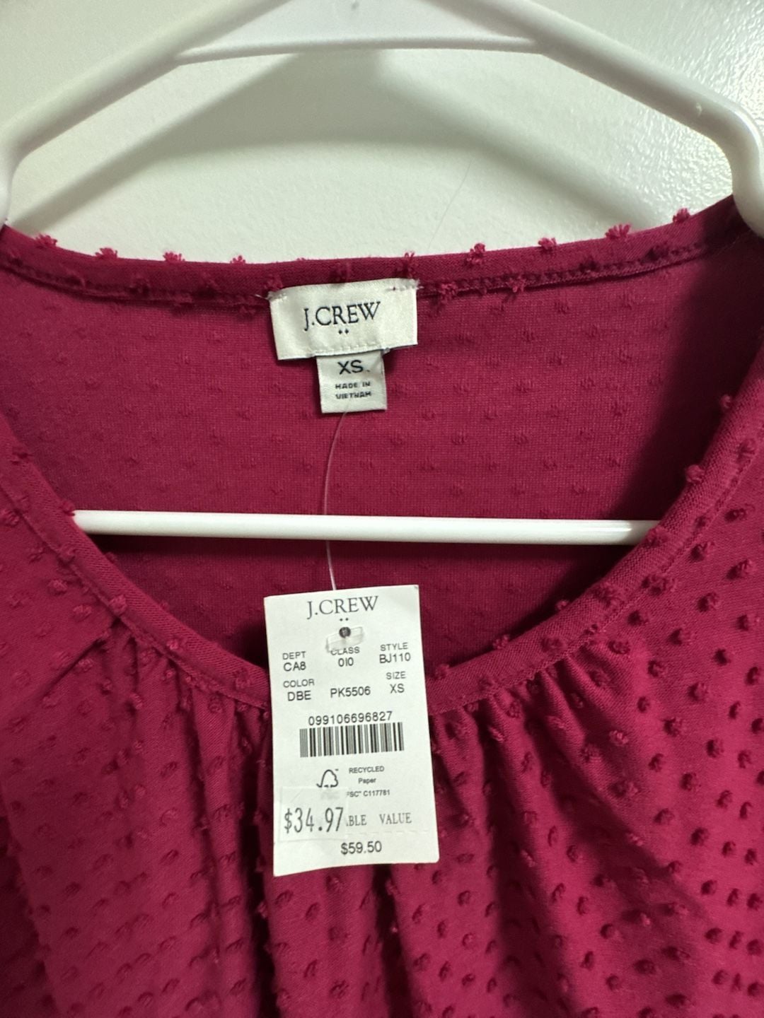 Women’s J. Crew Clip Dot Long Sleeve Top Size XS Magenta 4