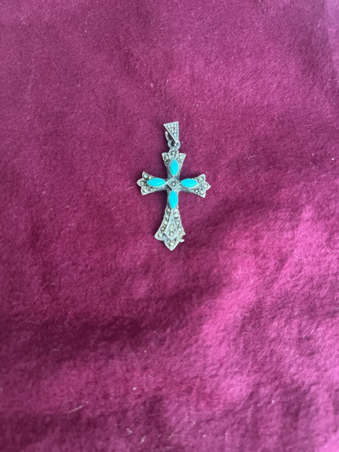 925 Sterling Silver Turquoise Marcasite Cross Pendant 2