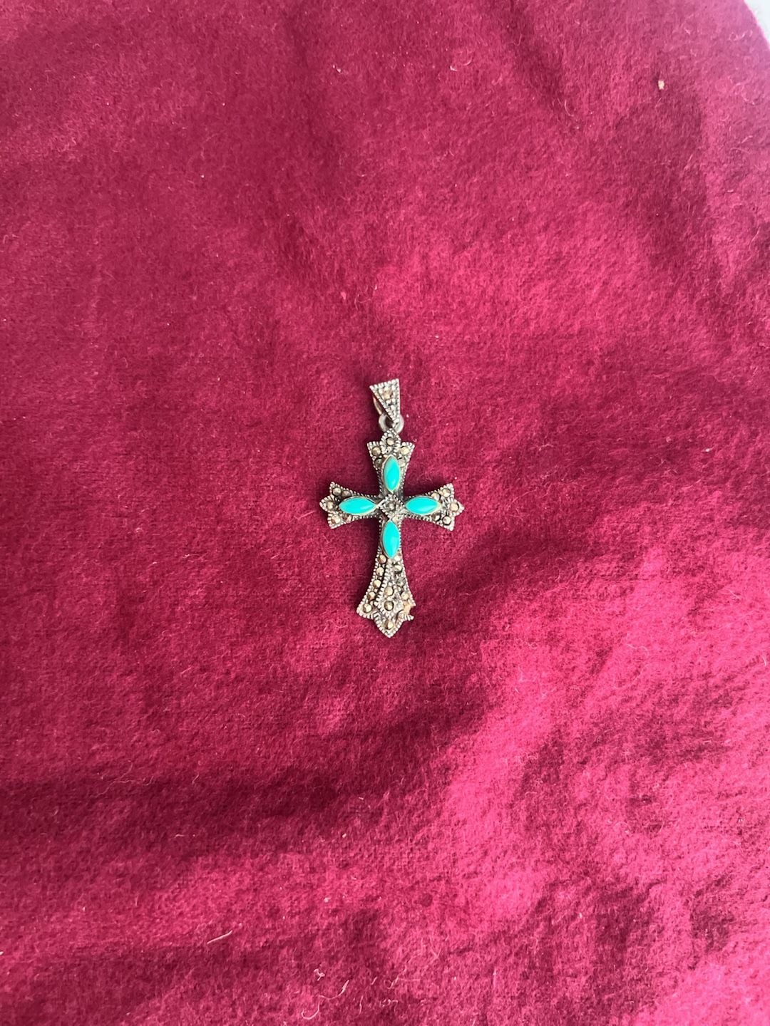 925 Sterling Silver Turquoise Marcasite Cross Pendant 3