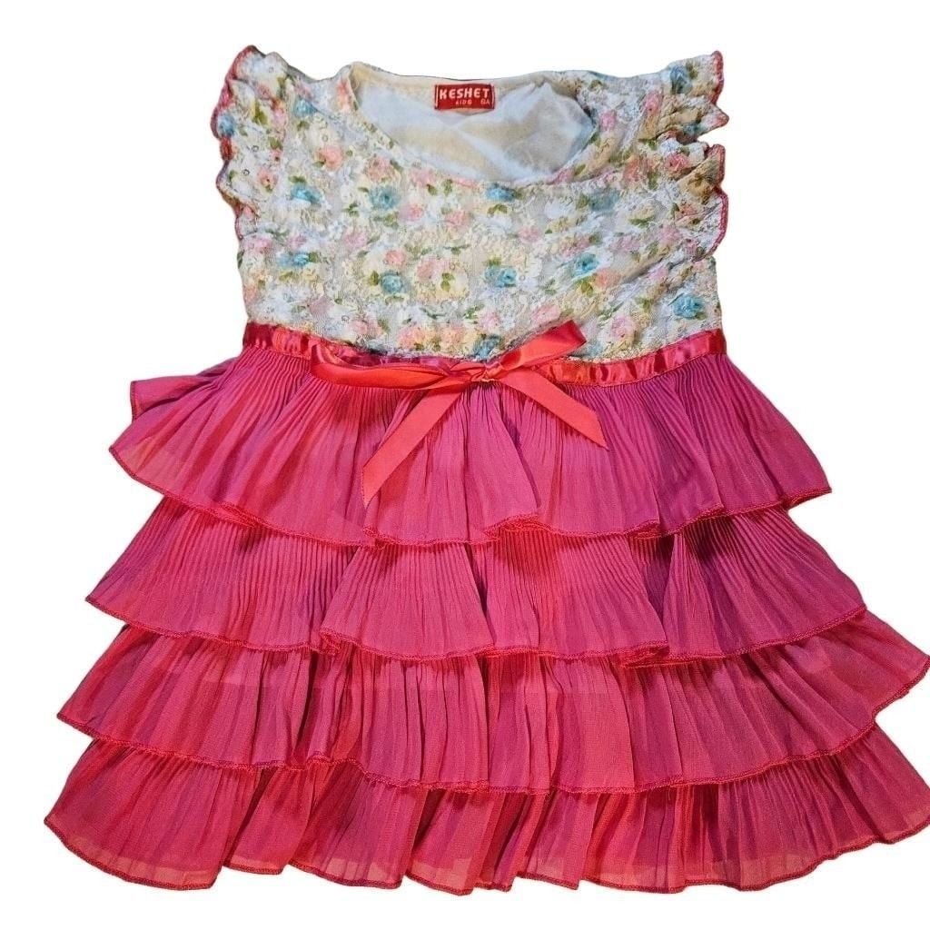 Keshet Kids Dress Size 6A Floral Lace Pink Tiered Ruffle Bow 2
