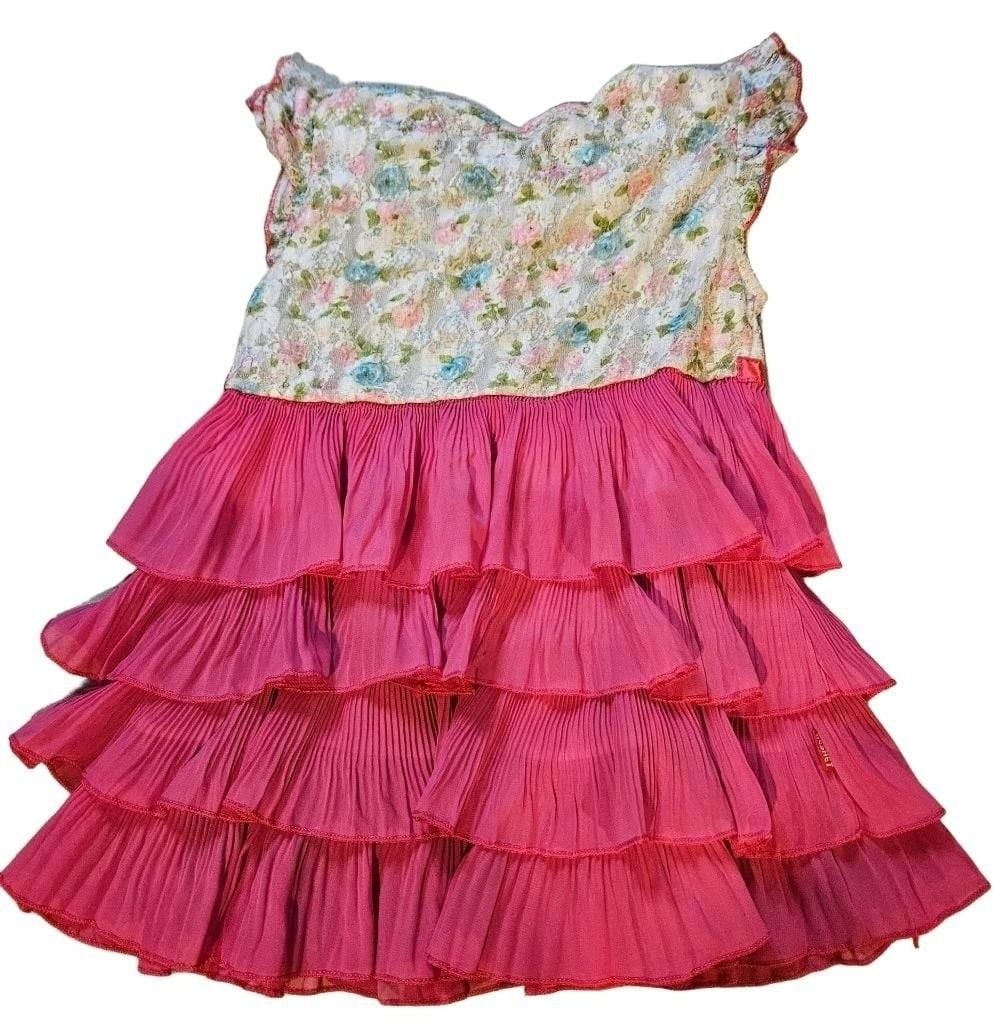 Keshet Kids Dress Size 6A Floral Lace Pink Tiered Ruffle Bow 3