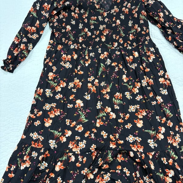 Old Navy Women’s 3X Black Floral Maxi Dress Smocked Long Sleeve Tiered Boho