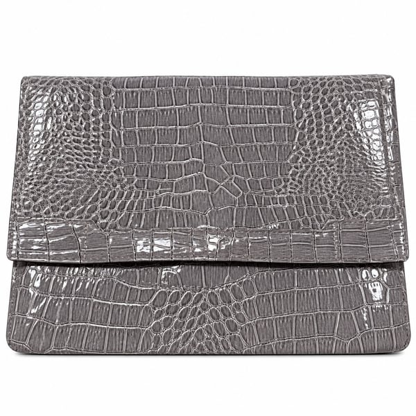 Vince Camuto Grey Crocodile Embossed Foldover Clutch Handbag