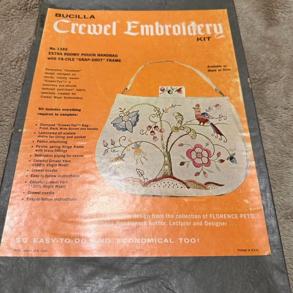 Bucilla Crewel Embroidery Kit No. 1385 Extra Roomy Pouch Handbag