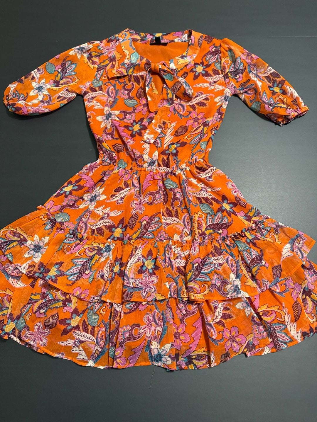 Jessica Simpson Dress Size XS Orange Floral Tiered Ruffle Mini 2