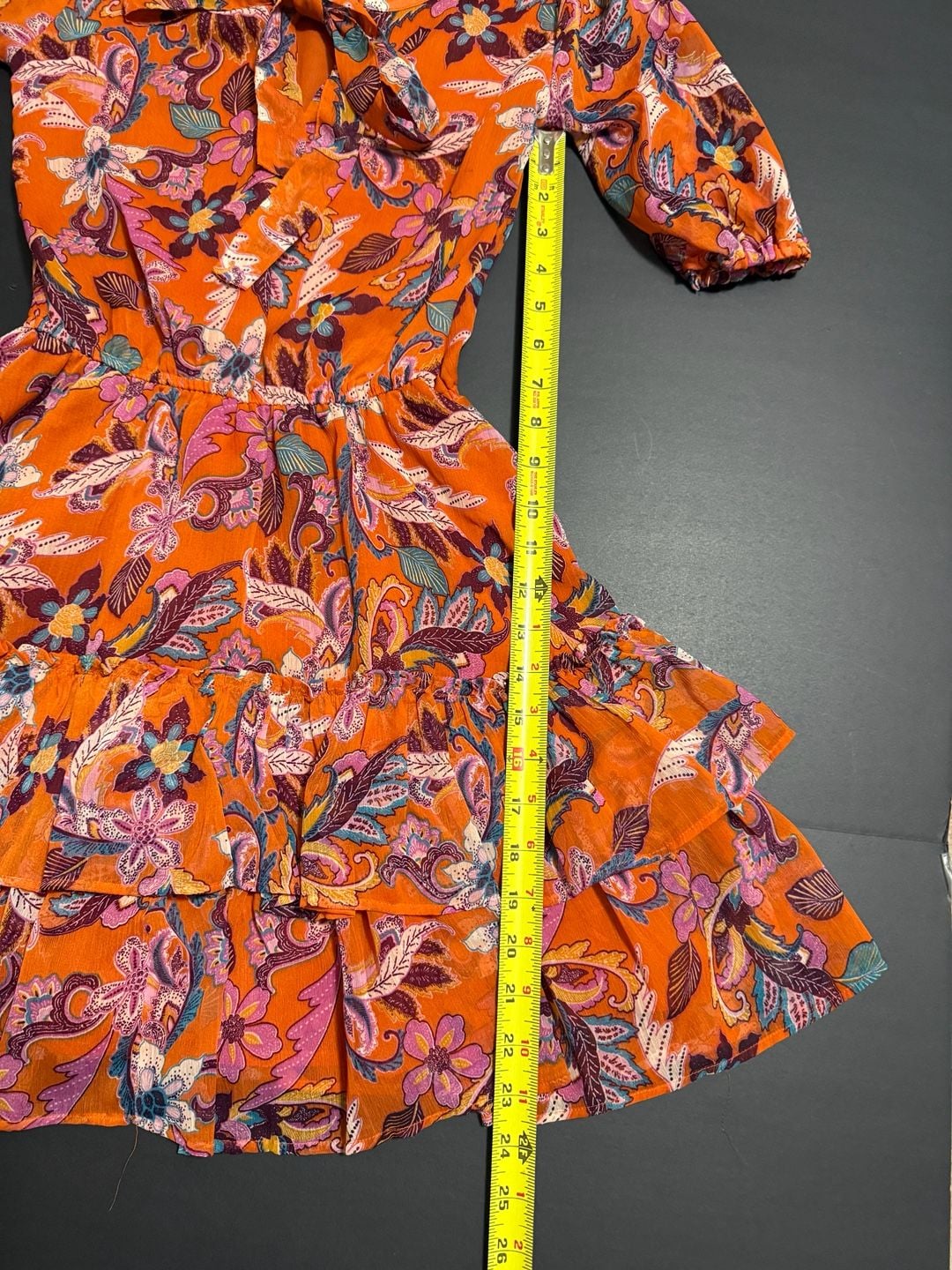 Jessica Simpson Dress Size XS Orange Floral Tiered Ruffle Mini 6