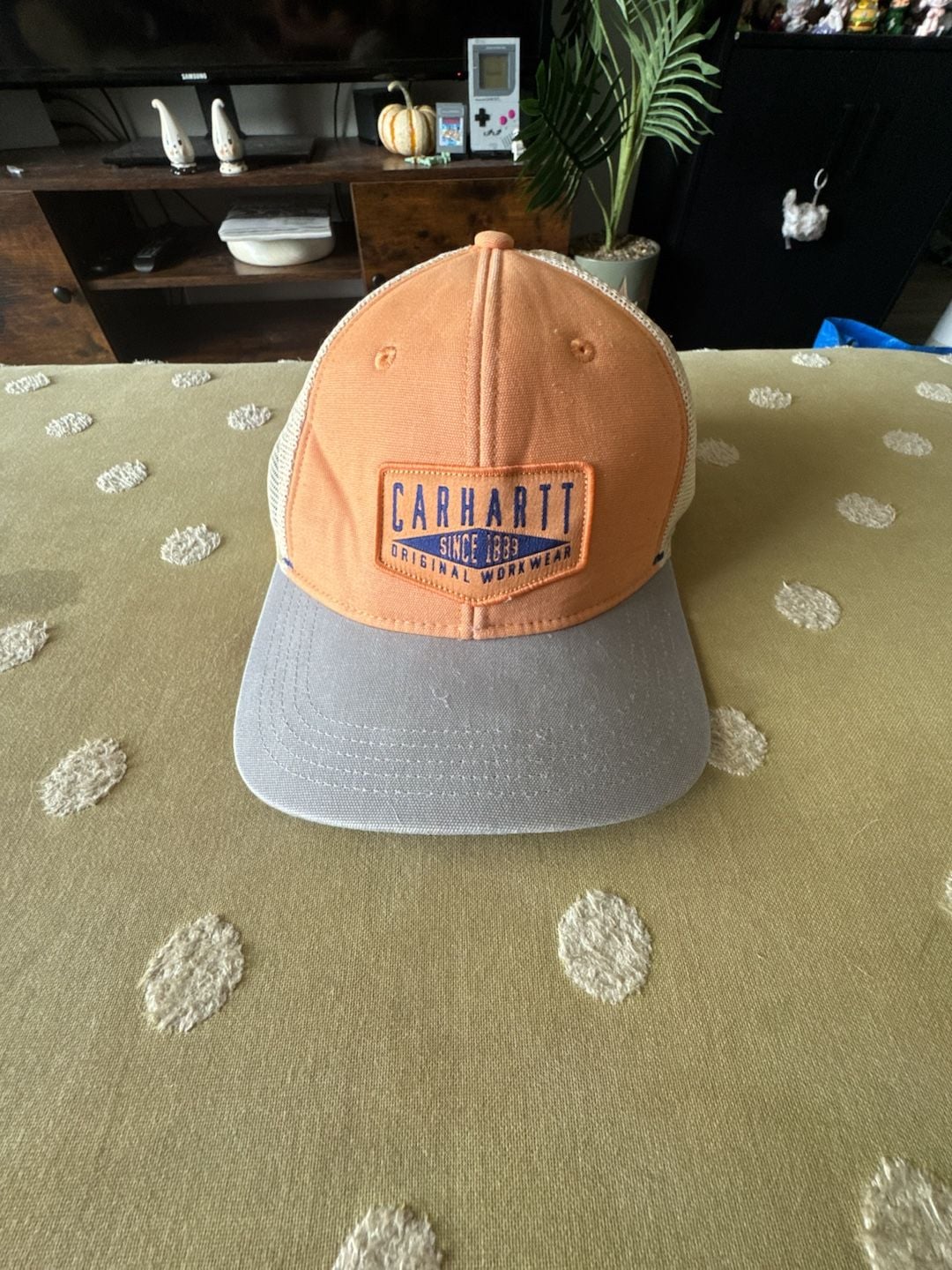 Carhartt orange gray canvas trucker hat, snapback, one size
2