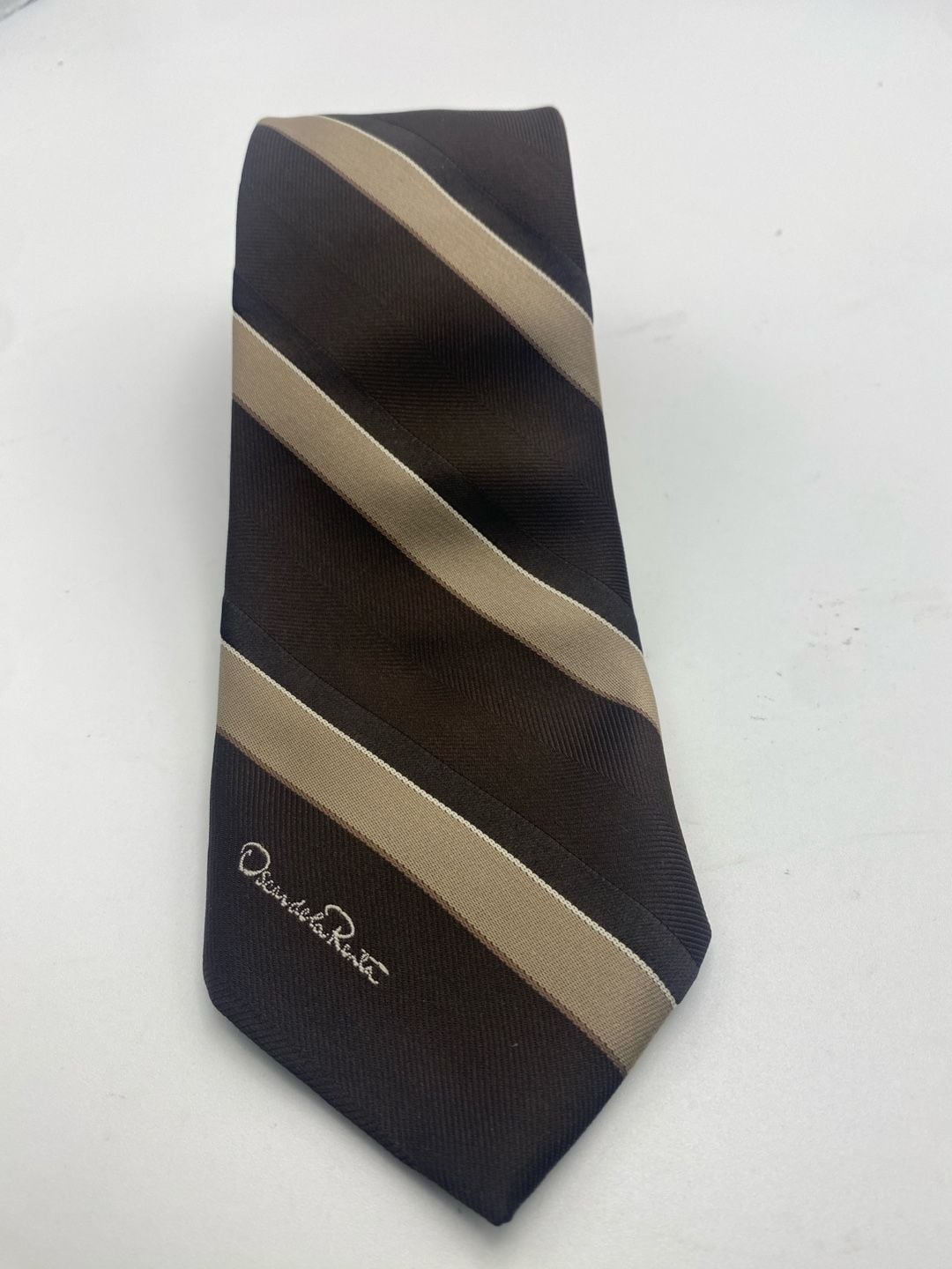 Oscar De La Renta Brown Striped Silk Necktie 1